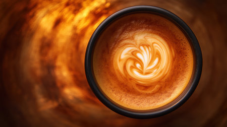 Abstract coffee swirl in a cup, blending warm tones with a dreamy ripple effect in the background.の素材