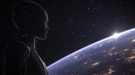 High-tech humanoid robot observing Earth illuminated continents from orbit, stars twinkling in the distanceの素材