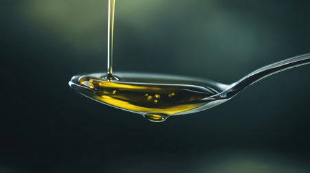 Premium olive oil being carefully poured into a spoon, showcasing texture and quality.の素材