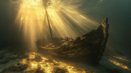 A beautifully eerie shipwreck resting on the ocean floor, illuminated by golden sunlight streaming through the water.の素材