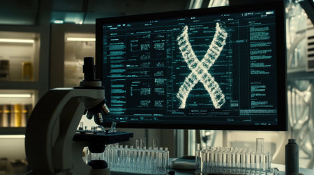 Laboratory scene with a microscope, test tubes, and a digital screen showing DNA sequencing results.の素材