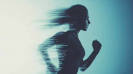 A dynamic shadowed figure of a woman in motion, mid-run, symbolizing strength and resilience in a moody blue setting.の素材