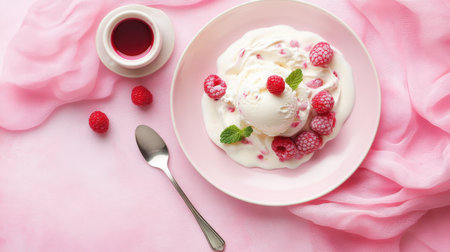 A beautifully styled dessert plate with vanilla ice cream, juicy raspberries, and fresh mint on a pastel pink dish, exuding sweetness and elegance.の素材