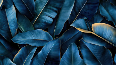 High-resolution close-up of banana leaves with intricate details, golden highlights, and soft shadows.の素材