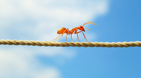 Macro shot of an ant walking a tightrope, appearing to defy gravity in the sky.の素材