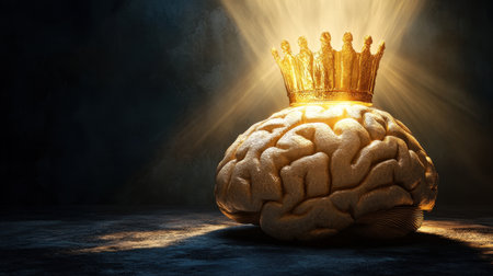 A conceptual digital illustration of a brain crowned with gold, illuminated by ethereal light, representing genius and leadership.の素材
