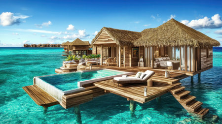 A dreamy overwater bungalow with a modern wooden deck, infinity pool, and panoramic ocean views, exuding relaxation and exclusivity.の素材