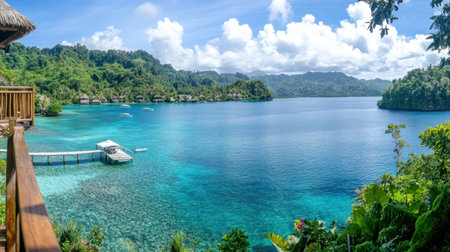 A breathtaking overwater bungalow with a private infinity pool, overlooking crystal-clear turquoise ocean waters under a sunny sky.の素材