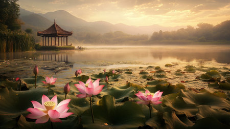 A breathtaking lakeside scene featuring a peaceful pavilion and blooming lotus flowers, capturing the essence of tranquility.の素材