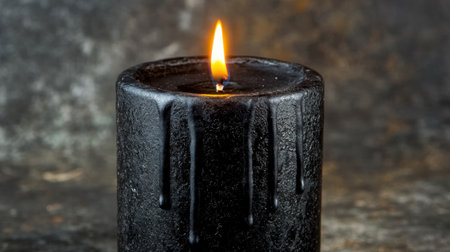 A gothic-inspired black candle with flickering flames and melted wax, evoking a sense of mystery and depth.の素材
