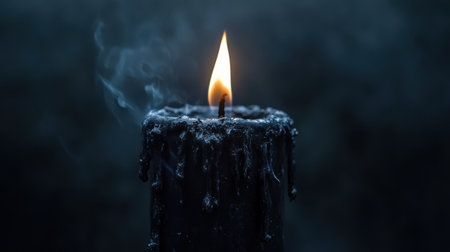 A detailed close-up of a burning black candle, wax trails running down its sides against a soft-lit background.の素材