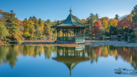 A charming lakeside pavilion, framed by floating lotus blossoms, creating a picturesque and serene nature retreat.の素材