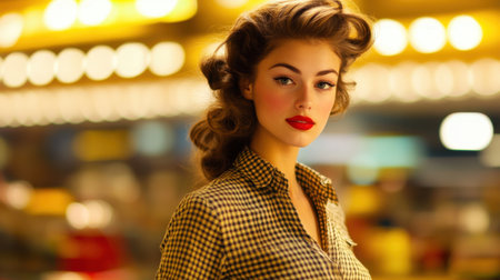 A retro-styled beauty with a classic updo, bright red lipstick, and a checkered blouse, exuding 1950s glamour and sophistication.の素材