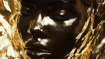 A stunning abstract beauty portrait of a woman face covered in golden reflective liquid, exuding elegance and mystery.の素材