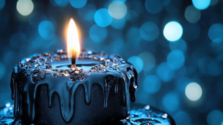 The eerie glow of a single black candle, its dripping wax forming organic patterns in the soft candlelight.の素材
