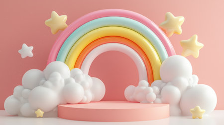 A 3D-rendered podium with soft pastel rainbow hues, ready for showcasing products in a vibrant scene.の素材