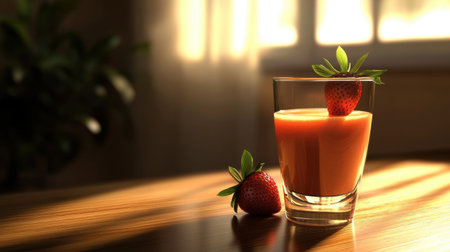 A close-up of a strawberry juice-filled glass with a fresh strawberry garnish, set on a wooden surface with dramatic lighting.の素材