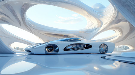 A futuristic abstract design with dynamic blue curves and a minimalist white space.の素材