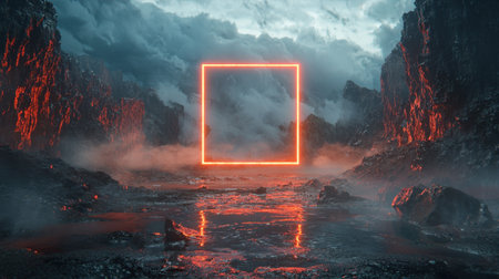 A mesmerizing neon square frame hovering above a glowing terrain, casting reflections over stormy clouds and rugged mountains.の素材