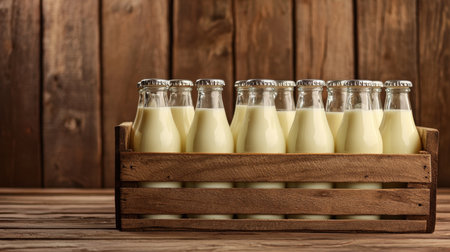 A neatly arranged wooden crate holding several glass bottles of milk, set against a soft wooden background.の素材