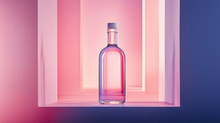 A minimalist glass bottle resting in a futuristic setting, bathed in soft neon light, evoking a sense of modern innovationの素材