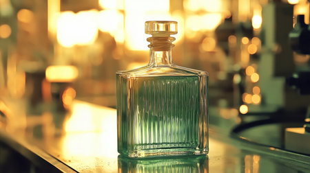A premium green glass bottle on a reflective surface, surrounded by cutting-edge industrial machinery and cool-toned lighting.の素材