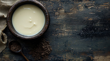 A rustic wooden bowl filled with creamy liquid, placed beside a spoonful of rich brown powder, hinting at a warm and comforting beverage.の素材