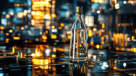 A sleek glass bottle in a high-tech, automated environment with illuminated surfaces, showcasing a futuristic and innovative design.の素材