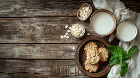 A nostalgic and comforting setup with fresh milk, crunchy cookies, and a touch of mint, arranged on a weathered wooden table.の素材