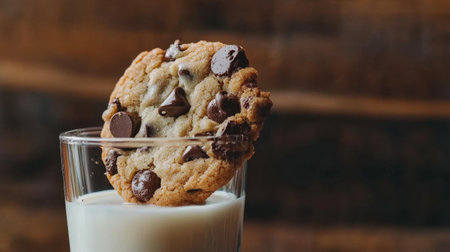 A soft and chewy chocolate chip cookie being dipped into a glass of milk, with a rustic wooden background for a warm, nostalgic feel.の素材