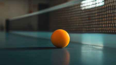Close-up of a table tennis ball resting on the edge of a table, with a blurred net and background, ready for competition.の素材
