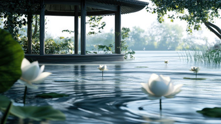 A scenic view of a tranquil wooden pavilion by the lake, surrounded by vibrant lotus flowers and gentle ripples in the water.の素材