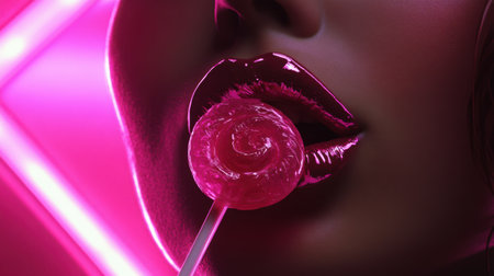 A sultry, neon-lit scene capturing a woman's lips with a glistening pink lollipop, emphasizing texture and color.の素材