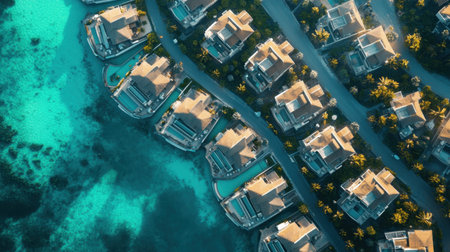 A mesmerizing bird s-eye view of a resort overwater villas, forming a perfect curve over a shimmering turquoise sea.の素材