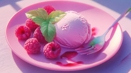 A mouthwatering vanilla ice cream dessert, artistically plated with fresh raspberries and mint on a pastel pink dish, ideal for a summer treat scene.の素材
