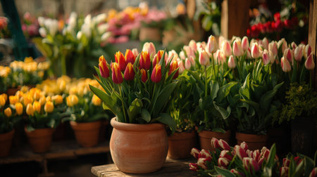 A bustling flower market with vibrant tulips neatly arranged in decorative pots, radiating warmth, freshness, and seasonal charm.の素材