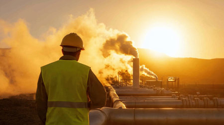 A geothermal plant worker in a safety vest examines hot steam pipes under a golden sky, emphasizing sustainability.の素材