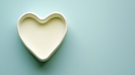 A heart-shaped ceramic dish filled with creamy milk, placed on a pastel blue background with artistic soft lighting.の素材