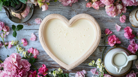 A top-down view of a heart-shaped dish filled with milk, surrounded by delicate flowers and vintage kitchenware.の素材