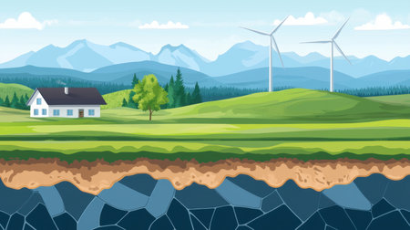 A visually engaging infographic of geothermal energy, with heat reservoirs underground and a modern wind farm aboveの素材