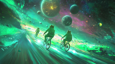 Three adventurous bears ride bicycles on a glowing space highway, with planets, asteroids, and galaxies forming a surreal backdrop.の素材
