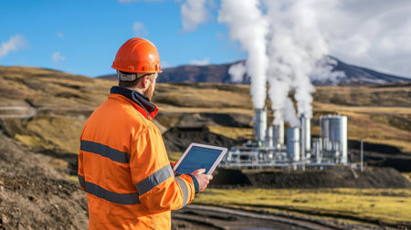 An engineer with a tablet monitors geothermal energy infrastructure, ensuring efficiency and safe operation.の素材