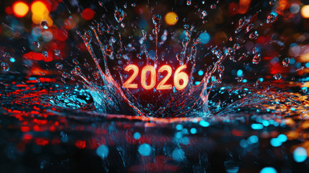 High-speed water droplets shaping "2026" in motion, representing energy, celebration, and a bright new beginning.の素材