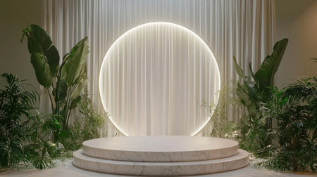 A 3D-rendered abstract background featuring clean white geometric patterns and a soft-lit display podium.の素材