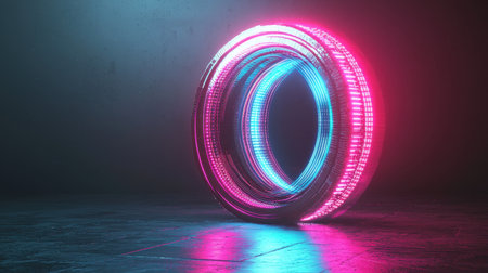 A futuristic Bitcoin concept featuring glowing golden coins illuminated by neon pink and blue lights, symbolizing digital currency.の素材