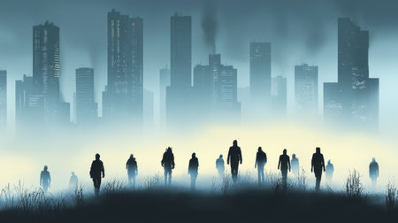A futuristic city skyline shrouded in dense smog, with pedestrians wearing anti-PM2.5 masks for protection.の素材