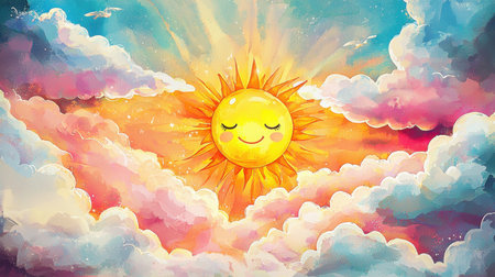 A heartwarming weather-themed watercolor painting of adorable cartoon clouds and a glowing happy sun.の素材