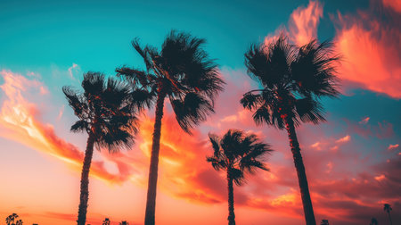 A stunning golden-hour view of downtown Los Angeles with tall palm trees swaying against a fiery sky.の素材