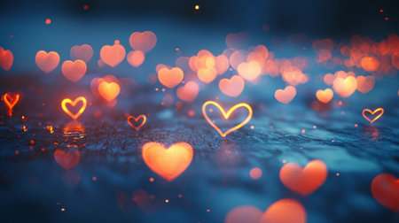 A radiant Valentin -inspired golden bokeh design with glowing heart-shaped highlights and soft light effects.の素材