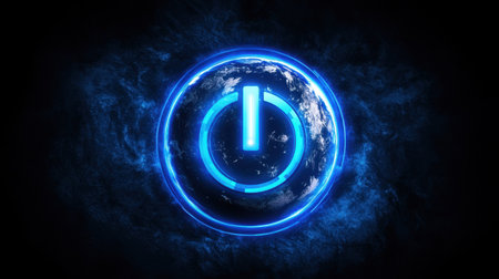 A sci-fi Earth Hour design, featuring a darkened planet Earth with a glowing power symbol as a call for sustainability.の素材